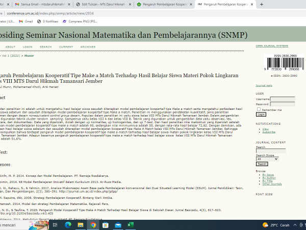 Pengaruh Pembelajaran Kooperatif Tipe Make a Match Terhadap Hasil Belajar Siswa Materi Pokok Lingkaran Kelas VIII MTS Darul Hikmah Tamansari Jember    Oleh Misbahul Munir Munir, S.Pd.